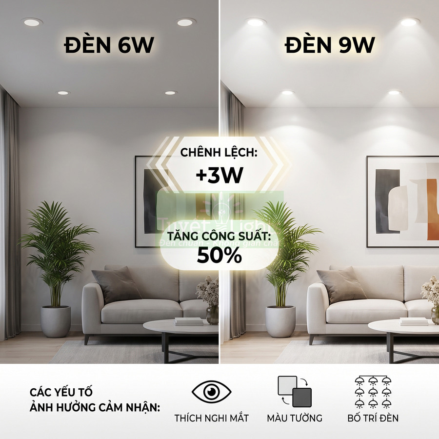So sánh ánh sáng đèn âm trần 6W và 9W trong phòng khách hiện đại với sofa và cây trang trí