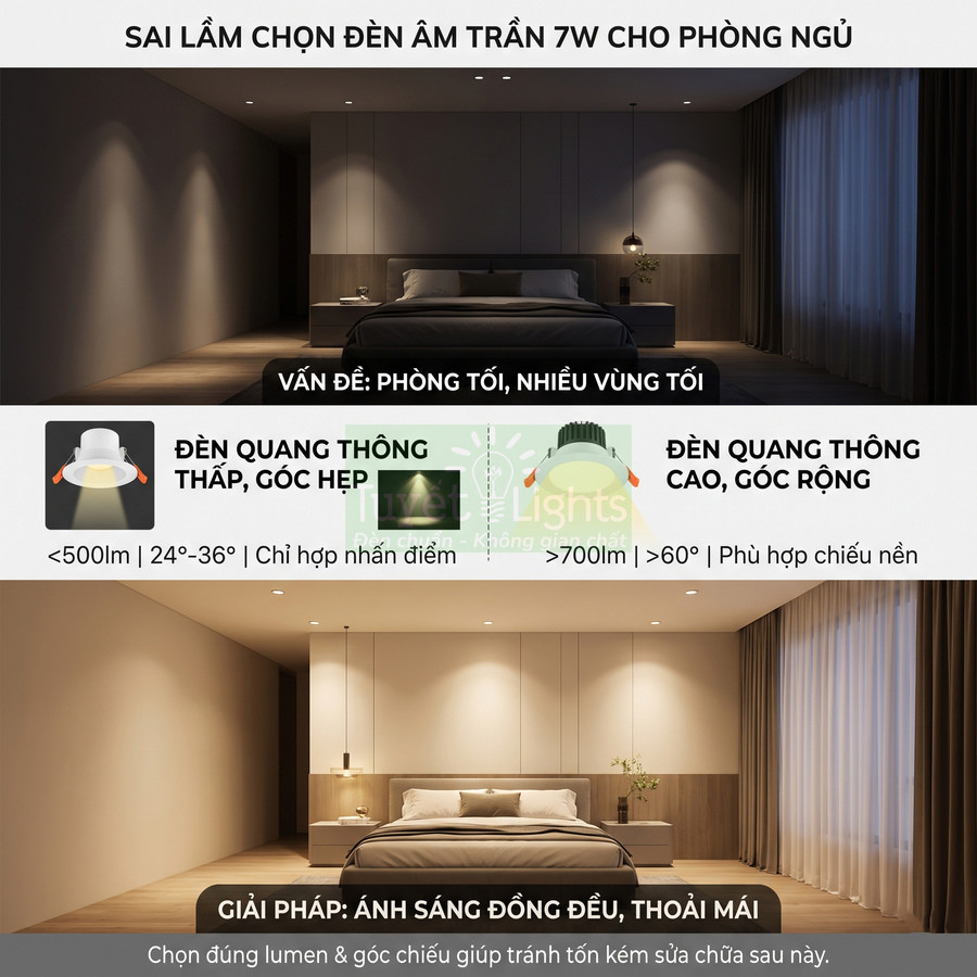 So sánh phòng ngủ dùng đèn âm trần 7W quang thông thấp và đèn âm trần quang thông cao góc chiếu rộng
