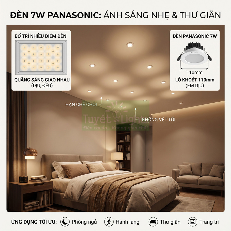 Đèn downlight Panasonic 7W ánh sáng vàng dịu lắp trần phòng ngủ hiện đại, hạn chế chói, không tạo vệt tối