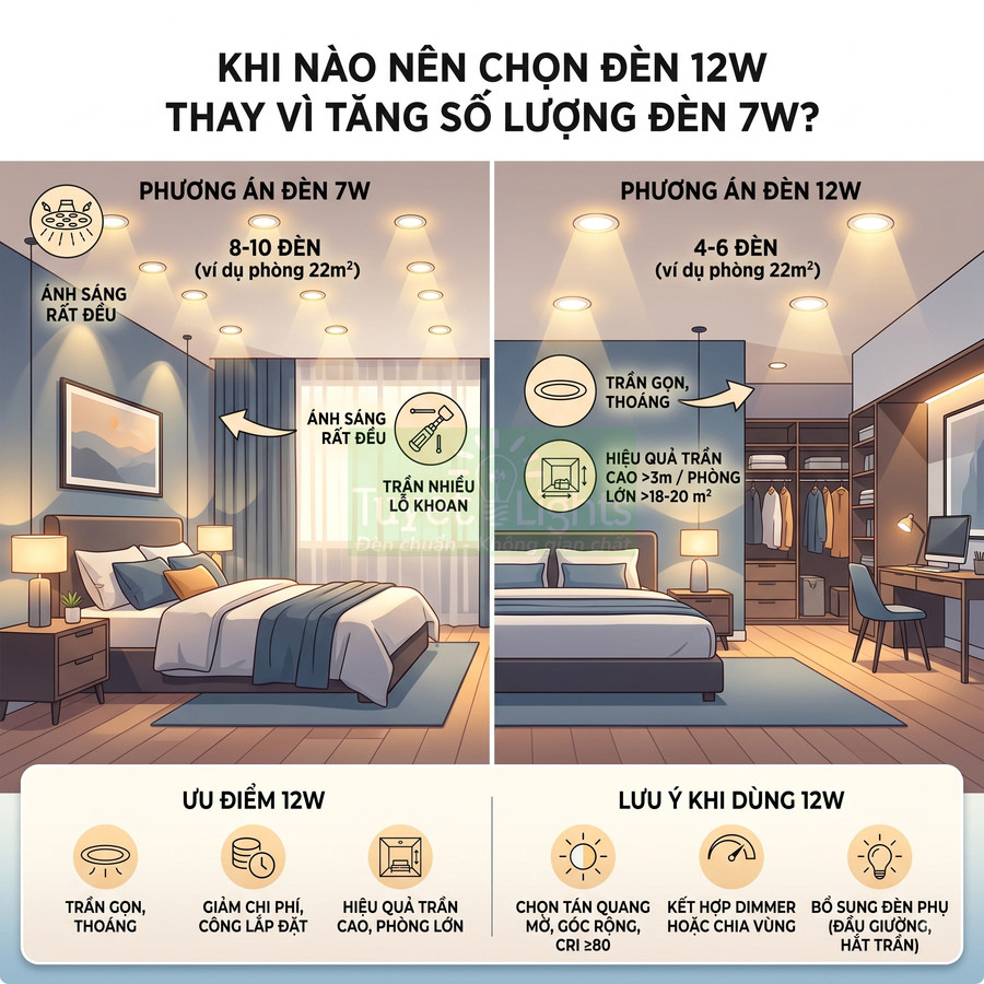 So sánh bố trí đèn âm trần 7W và 12W trong phòng ngủ, nêu ưu điểm và lưu ý khi chọn đèn 12W