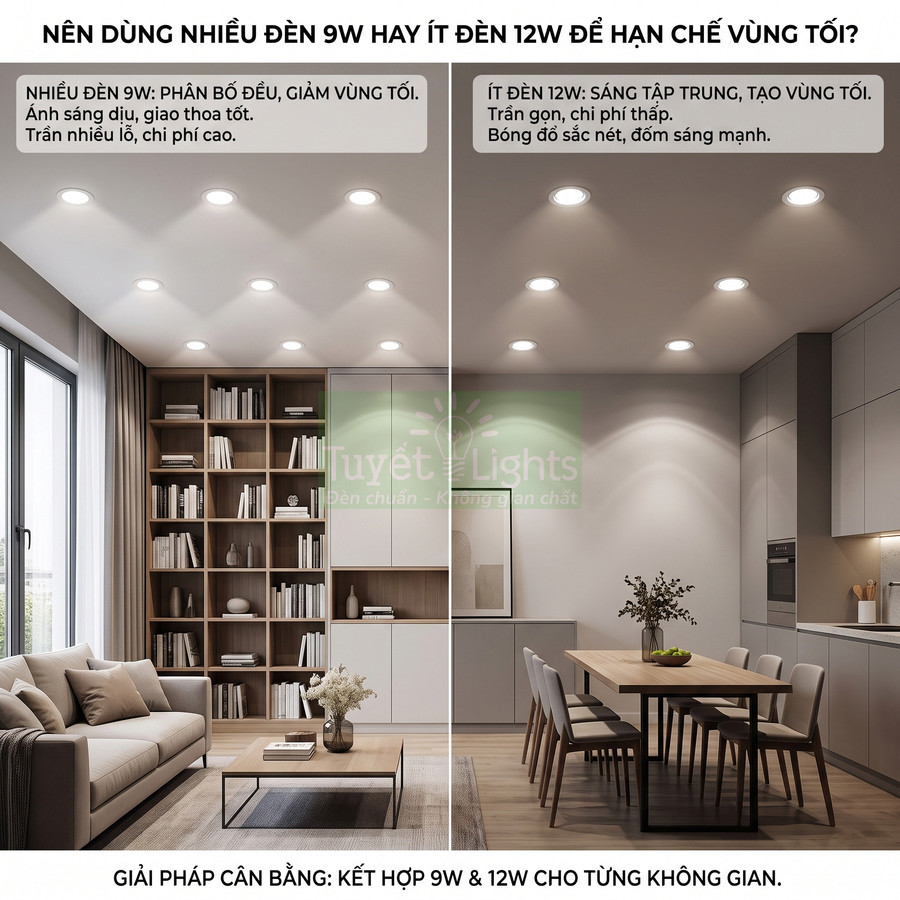So sánh chiếu sáng trần nhà với nhiều đèn âm trần 9W và ít đèn âm trần 12W trong phòng khách và phòng bếp