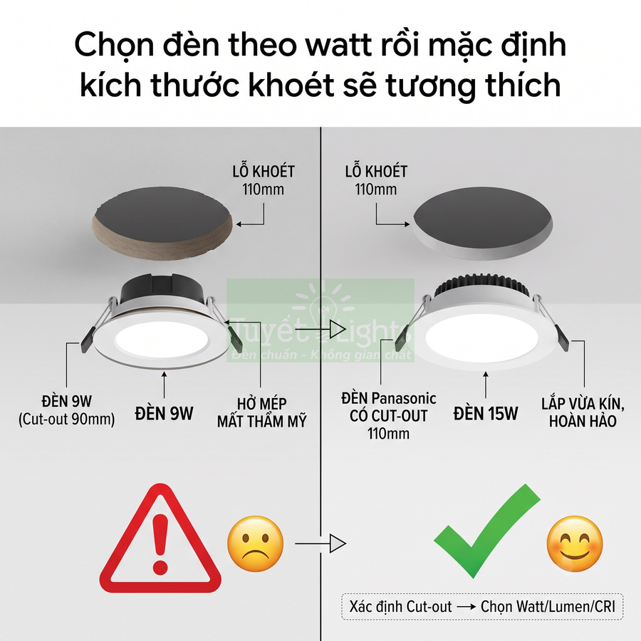 So sánh đèn âm trần 9W và đèn Panasonic 15W theo kích thước lỗ khoét 110mm