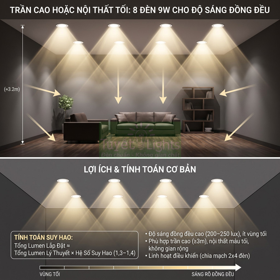 Phòng khách trần cao lắp 8 đèn LED âm trần 9W chiếu sáng đồng đều cho không gian nội thất tối