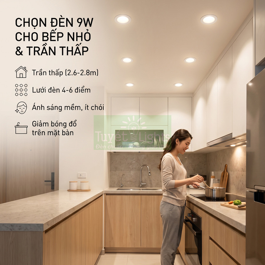 Đèn âm trần 9W chiếu sáng mềm cho căn bếp nhỏ trần thấp, giúp giảm bóng đổ trên mặt bàn bếp