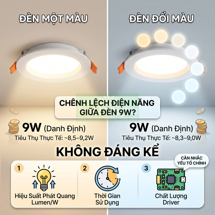 So sánh đèn LED âm trần 9W một màu và đổi màu, hiển thị công suất tiêu thụ và các yếu tố hiệu suất, độ bền