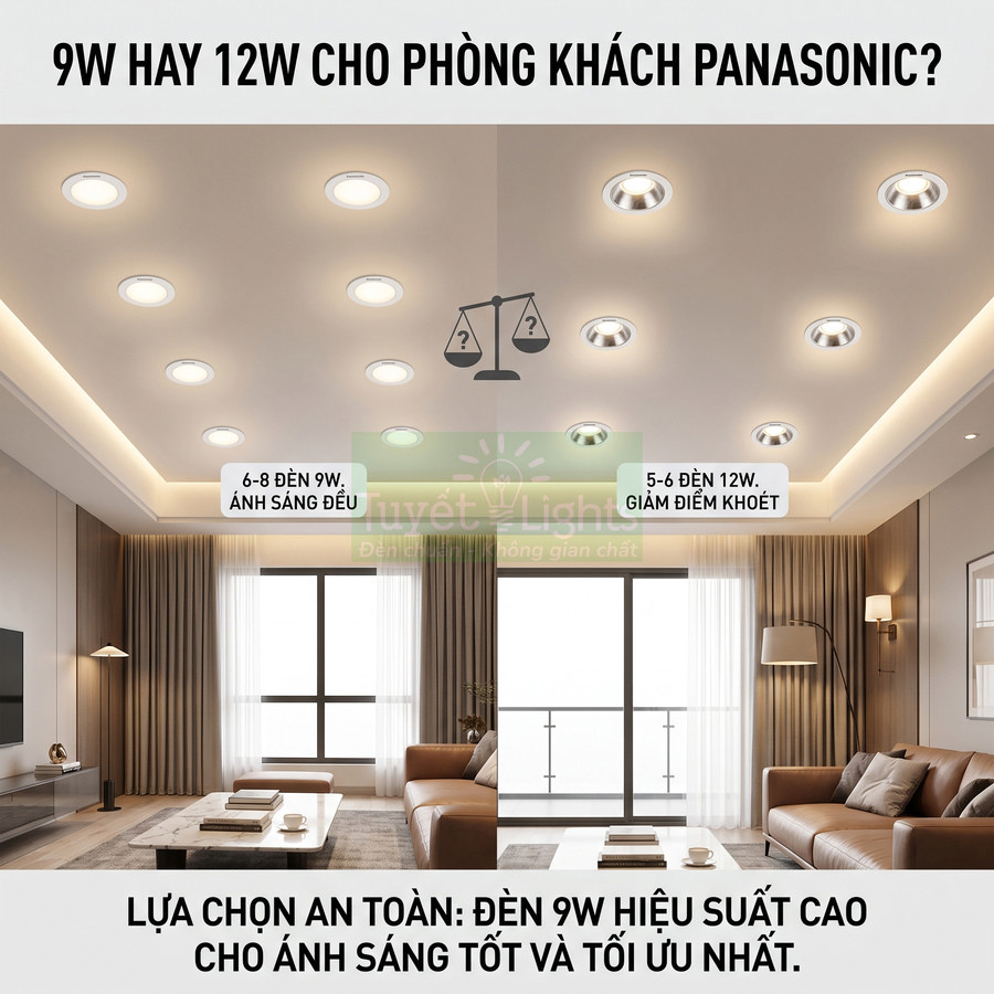 So sánh đèn âm trần Panasonic 9W và 12W cho phòng khách, gợi ý chọn đèn 9W ánh sáng đều, hiệu suất cao