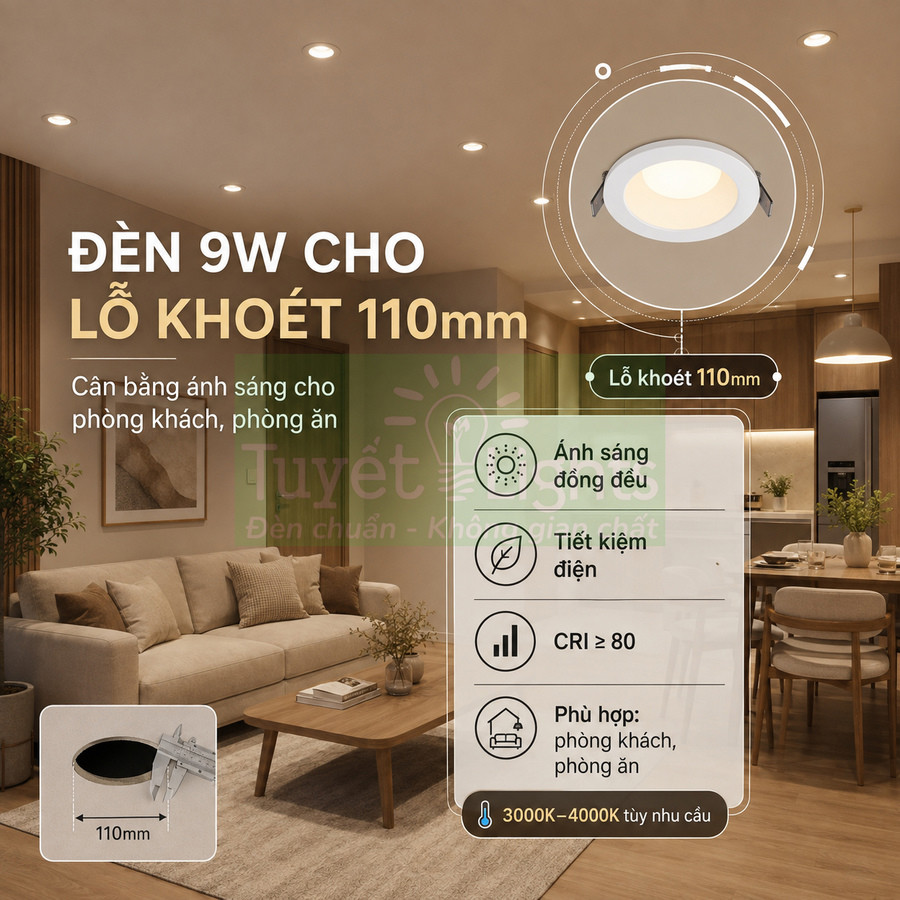 Đèn led âm trần 9W lỗ khoét 110mm ánh sáng vàng cho phòng khách phòng ăn tiết kiệm điện