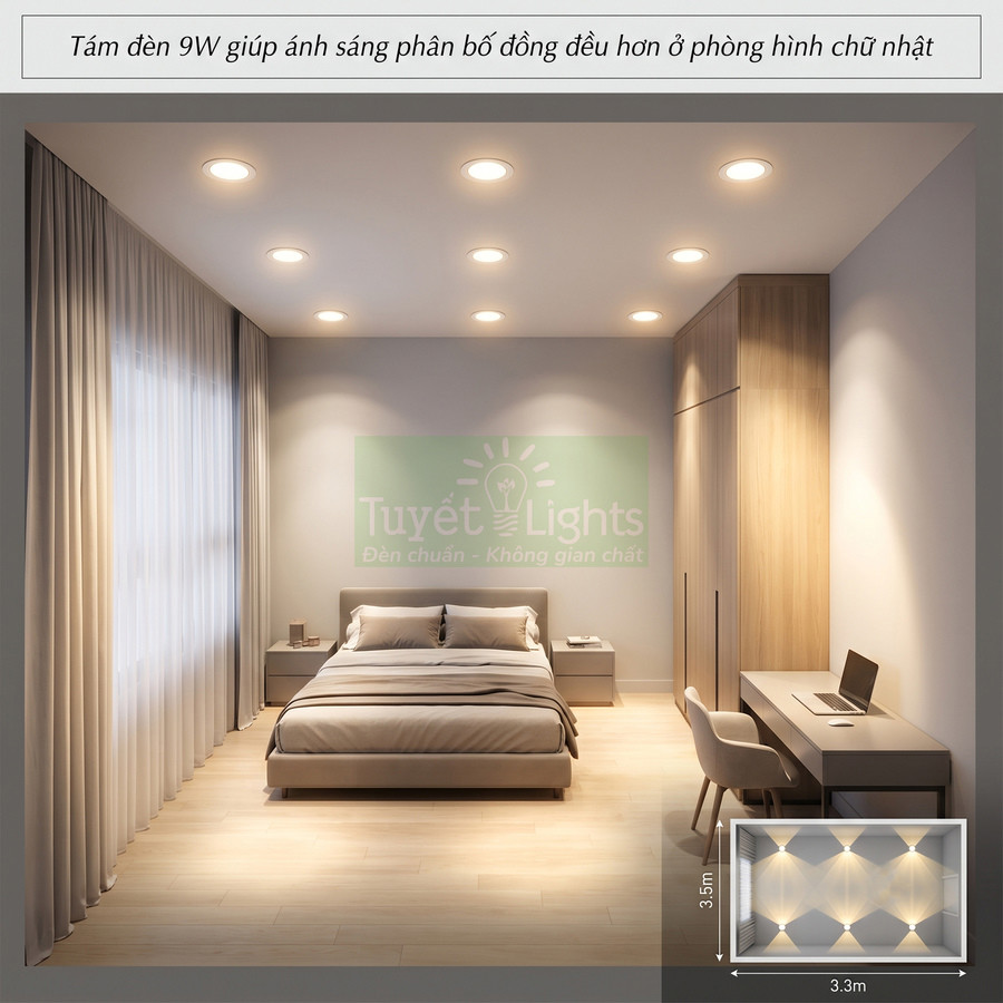 Đèn âm trần 9W Tuyết Lights chiếu sáng đều phòng ngủ hiện đại hình chữ nhật