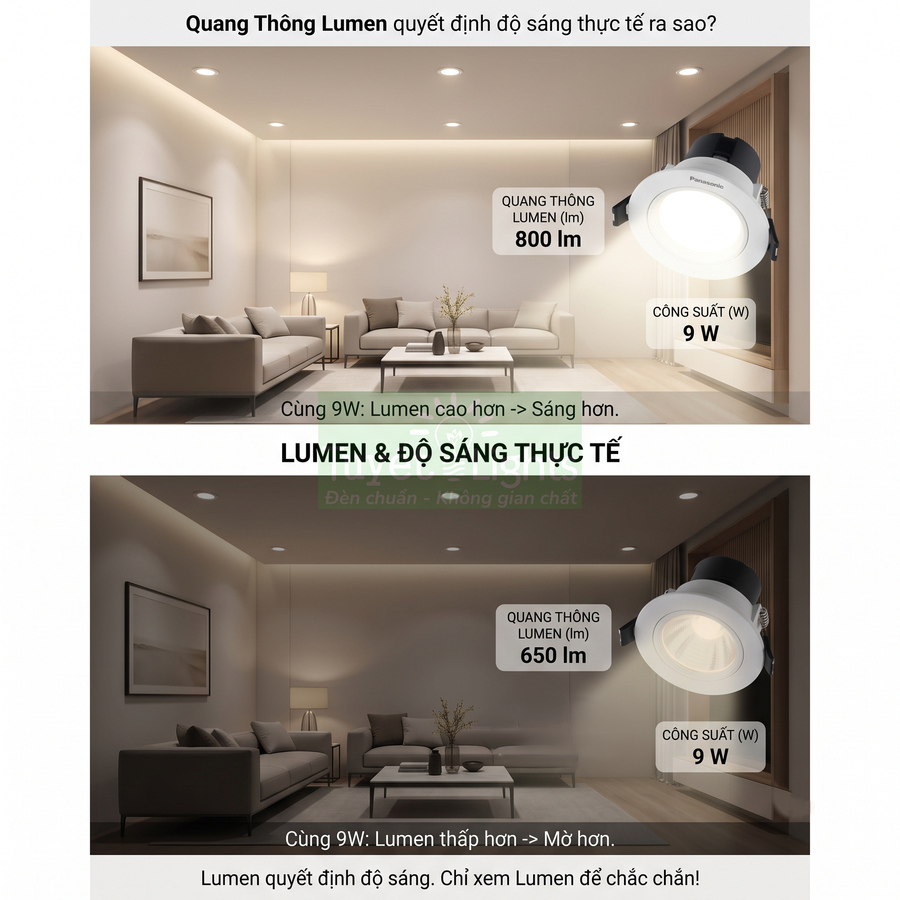 Đèn downlight Panasonic 9W so sánh độ sáng 800lm và 650lm trong phòng khách hiện đại