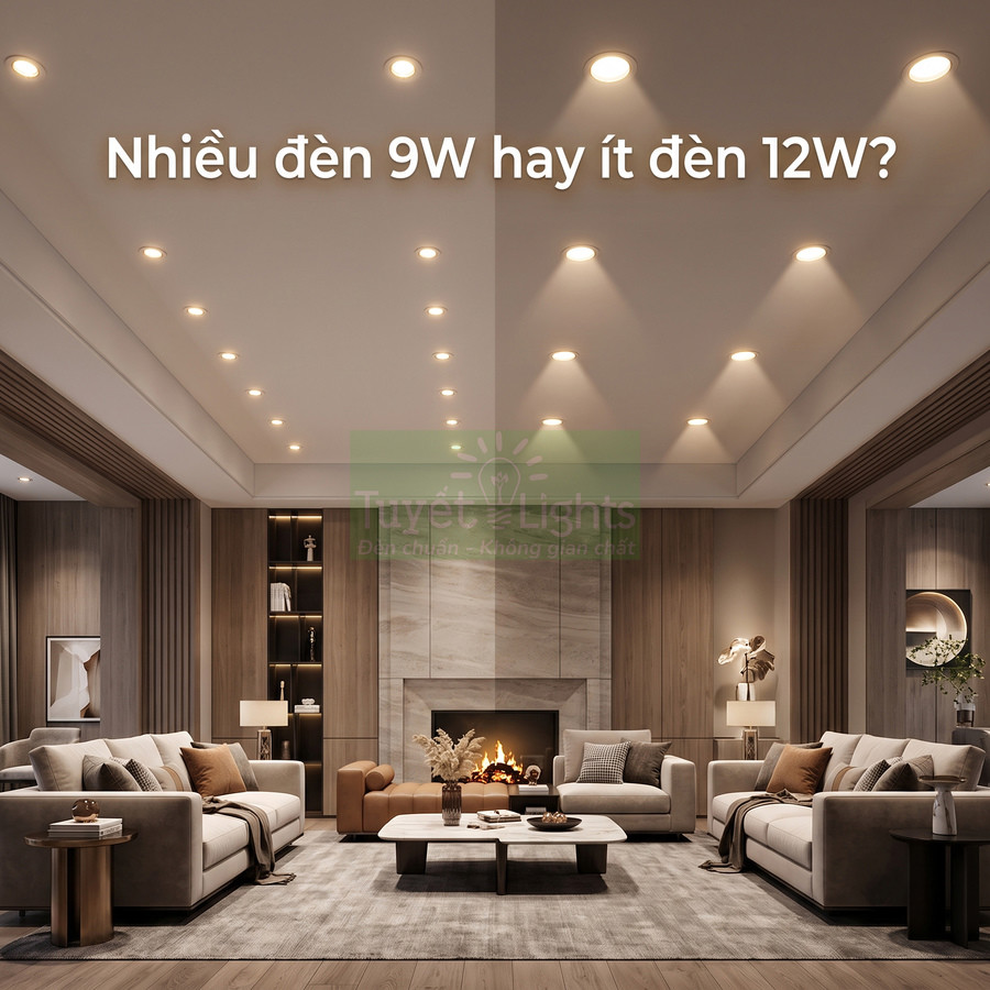 Phòng khách hiện đại với trần lắp nhiều đèn âm trần LED 9W và 12W cho ánh sáng ấm áp