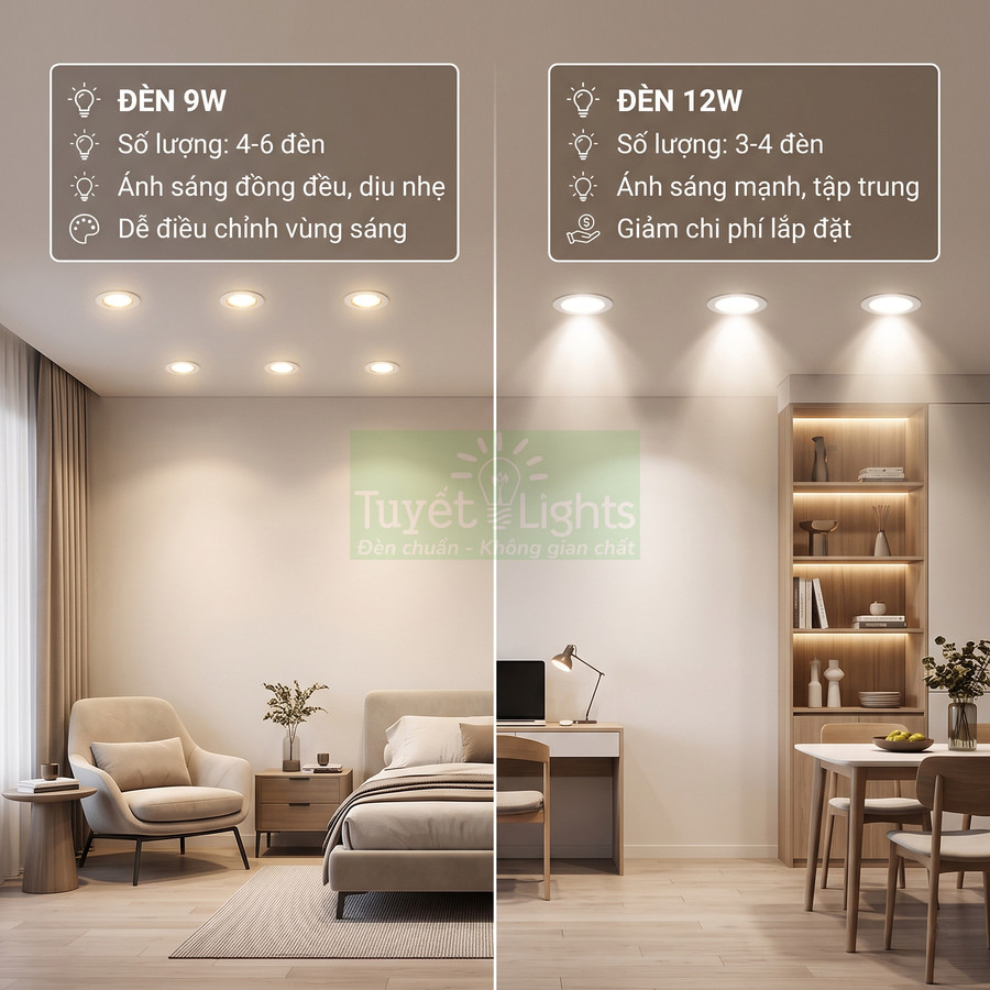 So sánh ánh sáng đèn âm trần Tuyết Lights 9W và 12W trong phòng ngủ và phòng làm việc
