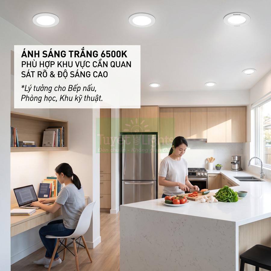 Đèn âm trần Panasonic ánh sáng trắng 6500K chiếu sáng rõ khu bếp và góc học tập trong nhà