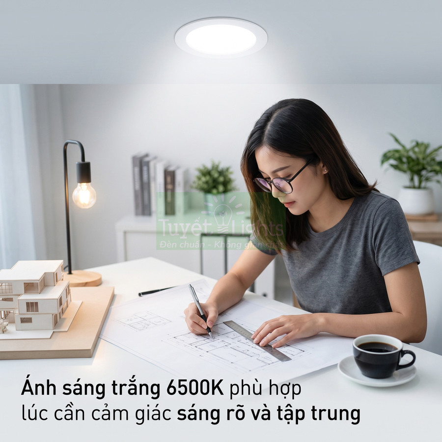 Đèn LED âm trần ánh sáng trắng 6500K chiếu sáng bàn làm việc cho nữ kiến trúc sư vẽ bản vẽ