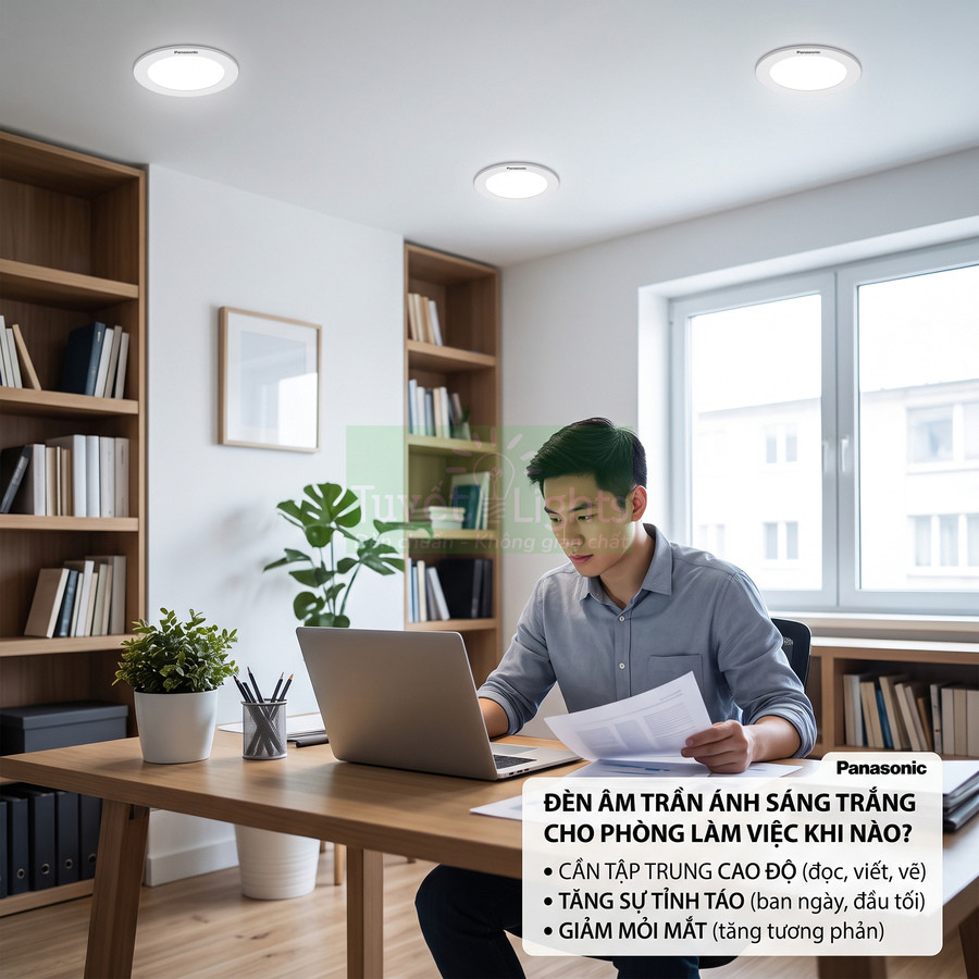 Đèn âm trần Panasonic ánh sáng trắng chiếu sáng phòng làm việc hiện đại với người đàn ông ngồi làm việc trên laptop