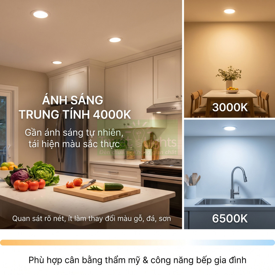 Đèn led âm trần ánh sáng trung tính 4000K cho bếp gia đình, so sánh với ánh sáng 3000K và 6500K