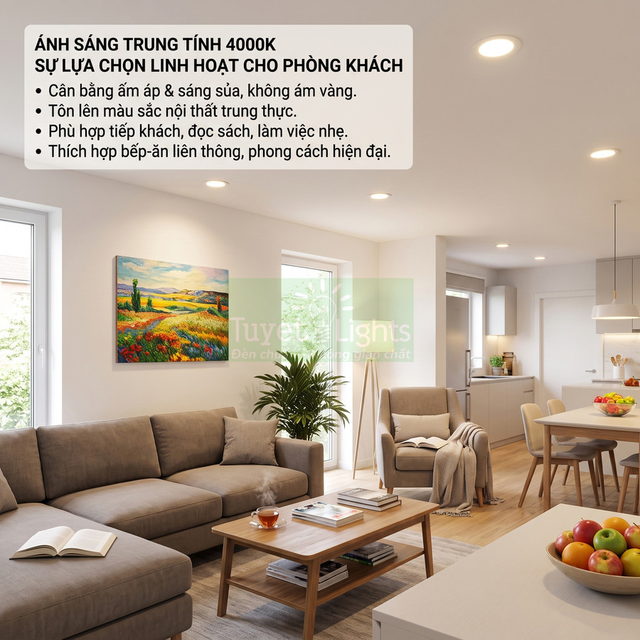 Đèn LED âm trần ánh sáng trung tính 4000K chiếu sáng phòng khách bếp liên thông hiện đại