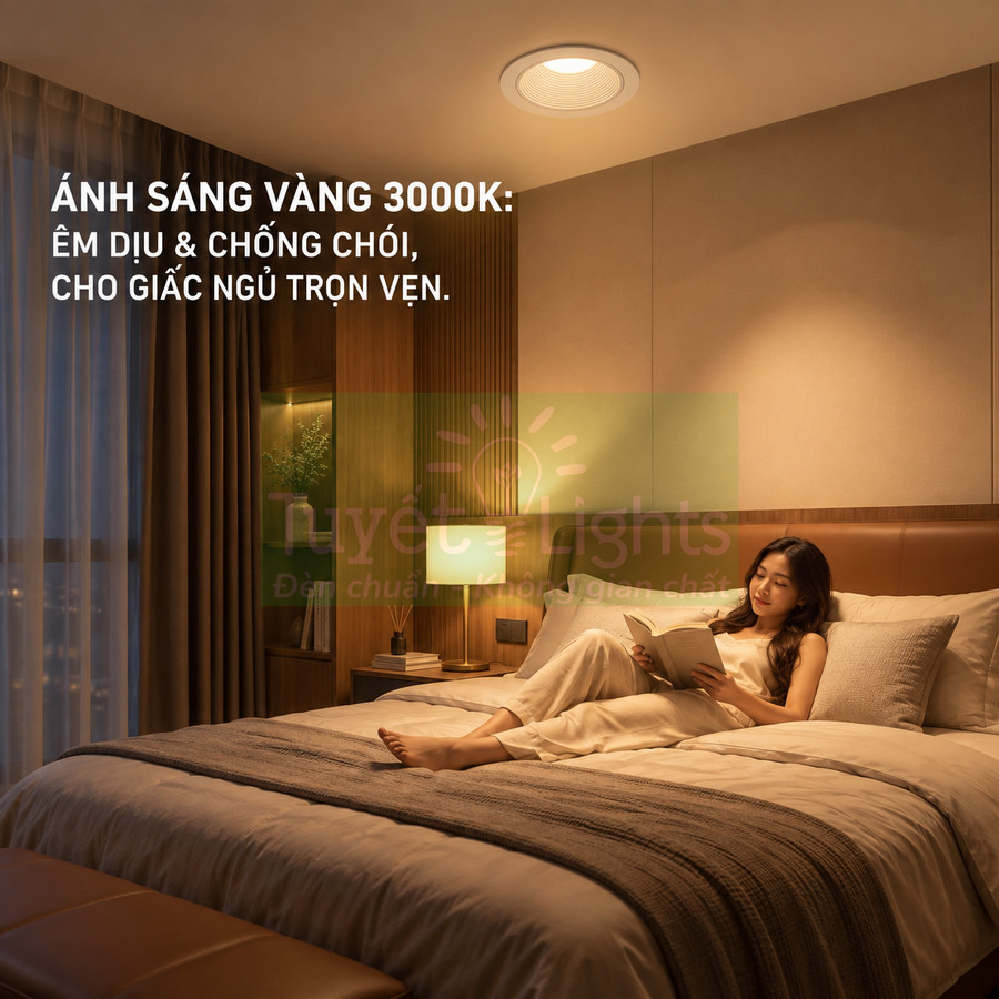 Đèn trần ánh sáng vàng 3000K Tuyết Lights chiếu êm dịu trong phòng ngủ, cô gái thư giãn đọc sách trên giường