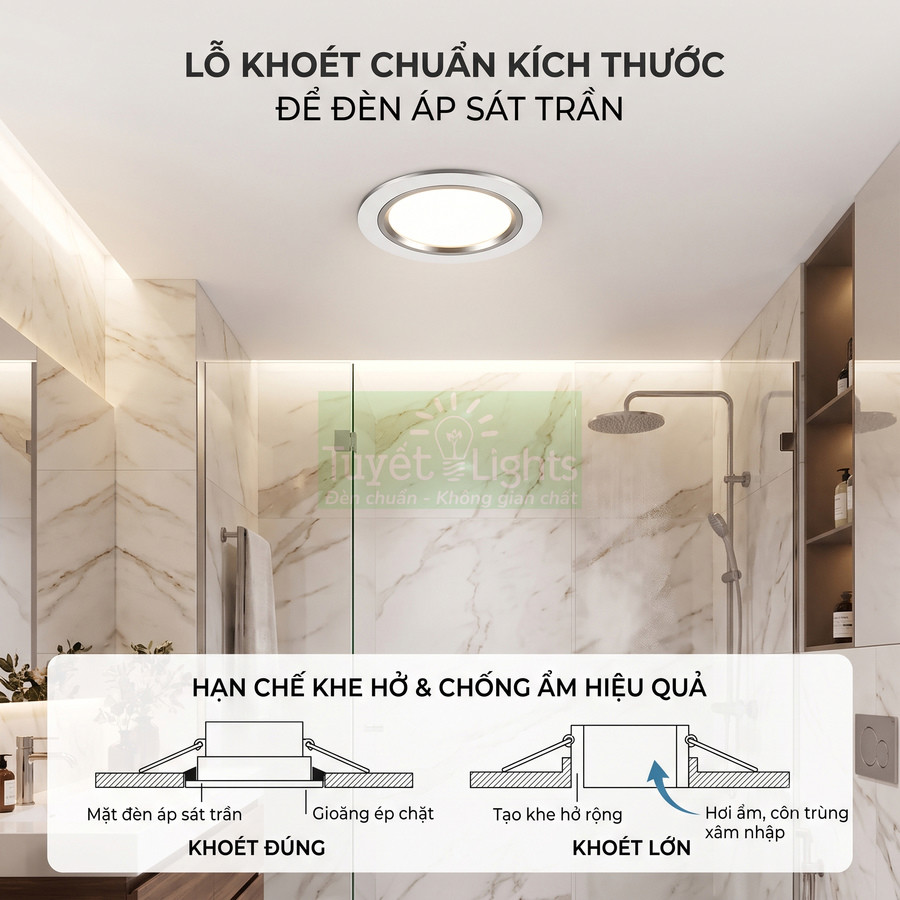 Đèn âm trần tròn Tuyết Lights lắp sát trần phòng tắm đá marble, hạn chế khe hở chống ẩm hiệu quả