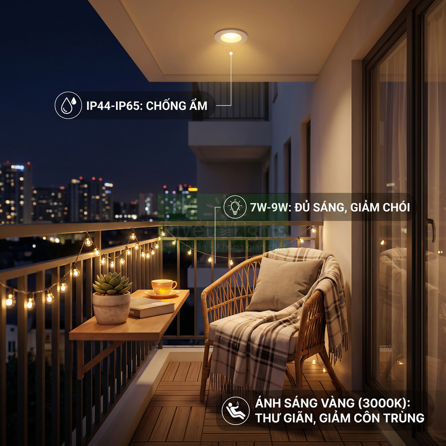 Đèn led âm trần chống ẩm IP44 IP65 ánh sáng vàng 3000K lắp ban công chung cư tạo không gian thư giãn