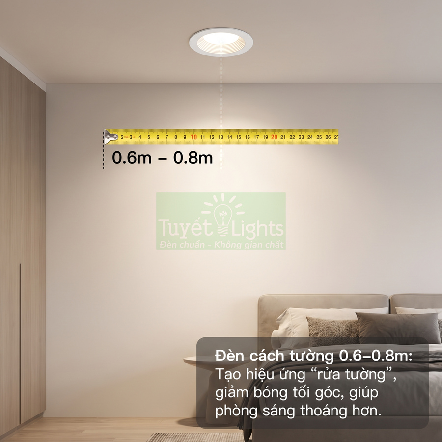 Đèn âm trần Tuyết Lights lắp cách tường 0.6 đến 0.8m trong phòng ngủ hiện đại