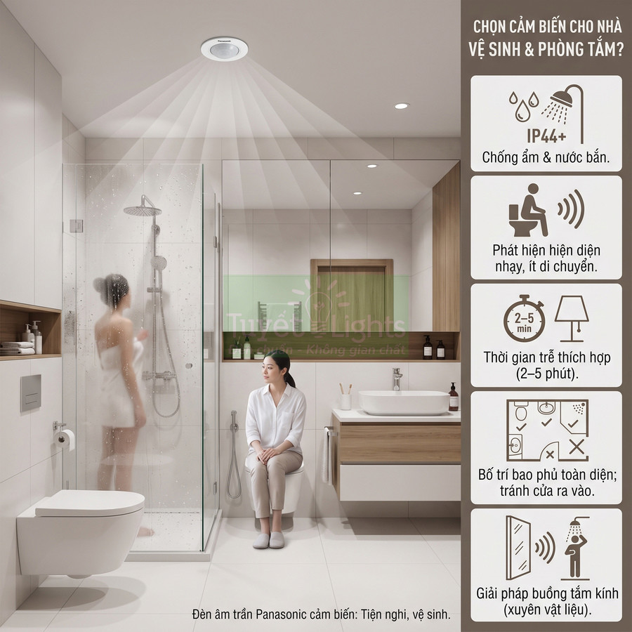 Đèn âm trần cảm biến Panasonic trong phòng tắm kính hiện đại, chống ẩm và tự động phát hiện chuyển động