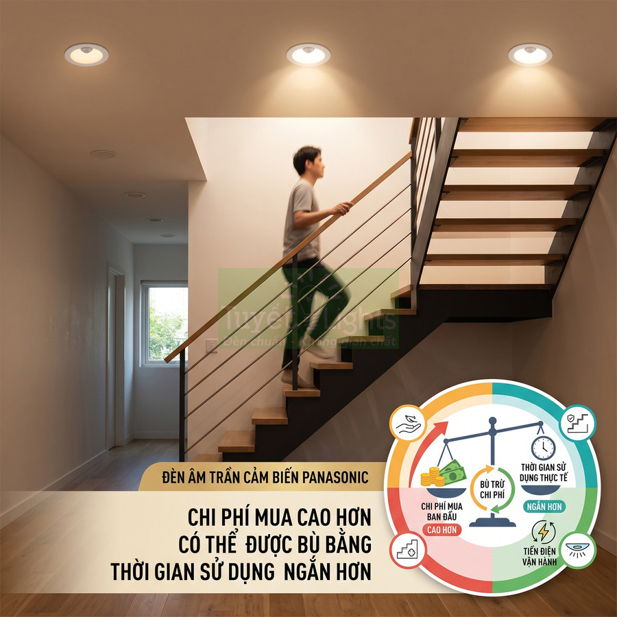Đèn âm trần cảm biến Panasonic chiếu sáng cầu thang khi người đàn ông bước lên