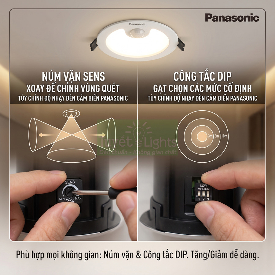 Đèn cảm biến Panasonic âm trần với núm vặn SENS và công tắc DIP điều chỉnh độ nhạy và phạm vi quét