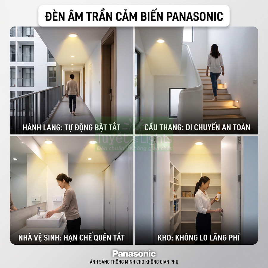 Đèn âm trần cảm biến Panasonic chiếu sáng hành lang, cầu thang, nhà vệ sinh và kho trong căn hộ hiện đại