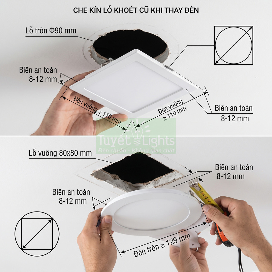 Đèn âm trần Tuyết Lights hình vuông và tròn che kín lỗ khoét cũ trên trần nhà