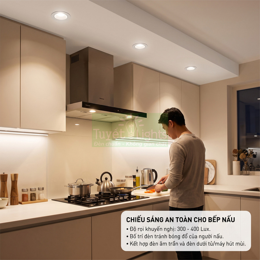 Đèn âm trần LED chiếu sáng khu vực bếp nấu hiện đại, hỗ trợ người đàn ông chuẩn bị đồ ăn