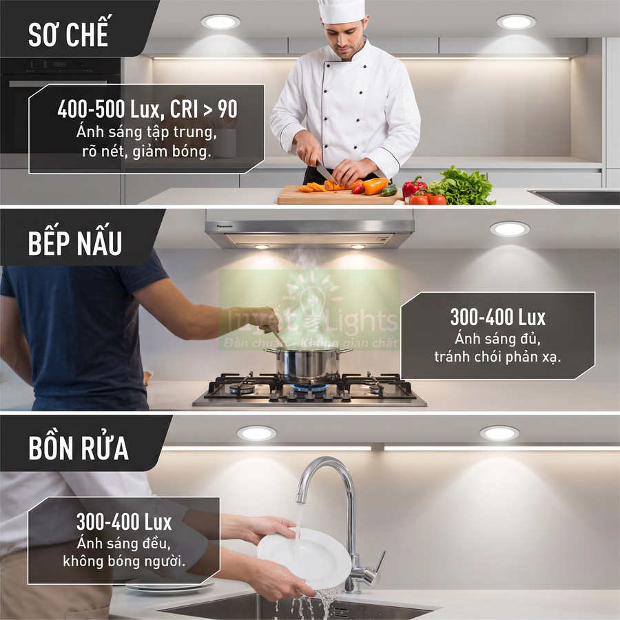 Đèn LED âm trần chiếu sáng khu vực sơ chế, bếp nấu và bồn rửa trong không gian bếp hiện đại