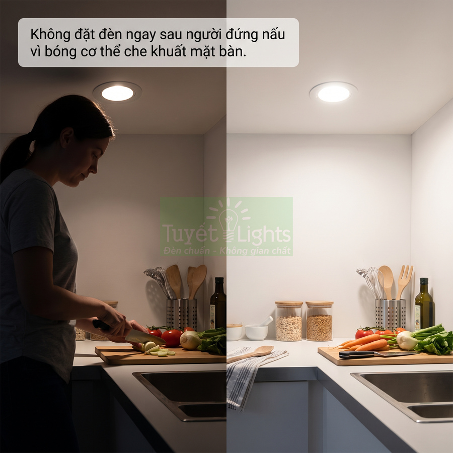 Đèn âm trần Tuyết Lights chiếu sáng bàn bếp, so sánh vị trí lắp đặt giúp tránh bóng che khuất khi nấu ăn