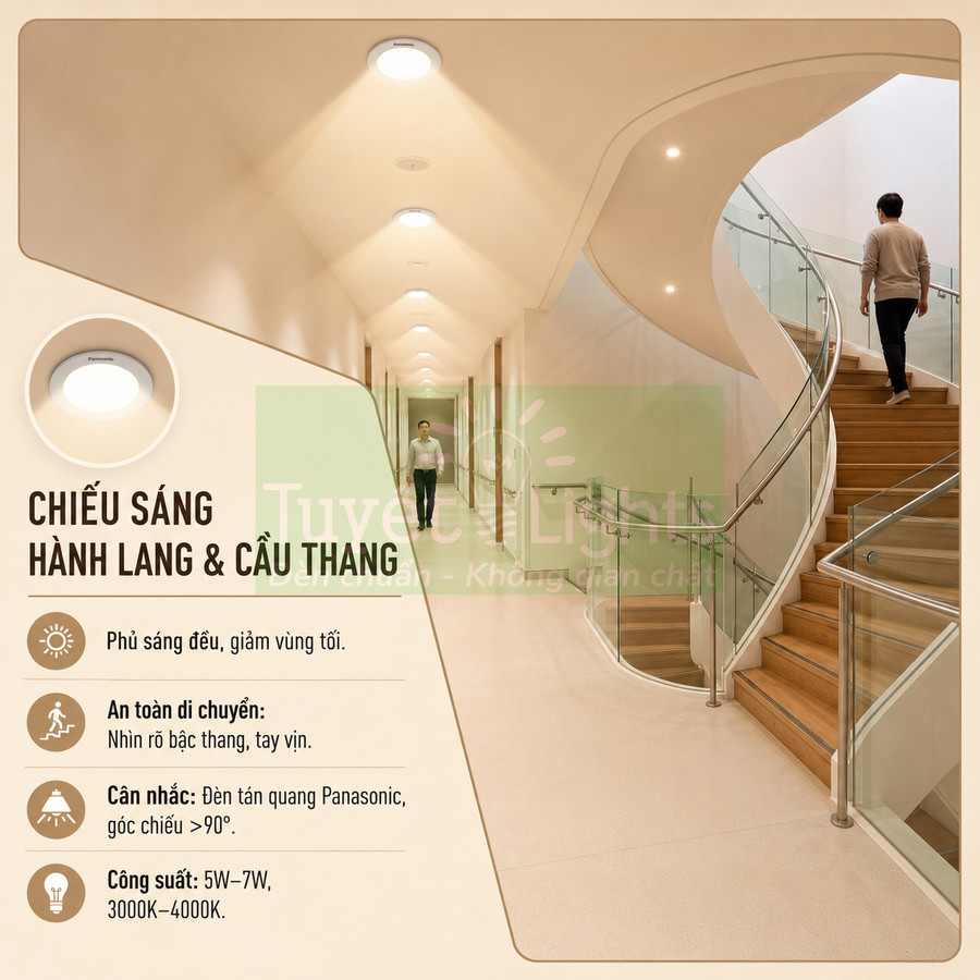 Đèn âm trần Panasonic chiếu sáng hành lang và cầu thang với ánh sáng đều, an toàn di chuyển
