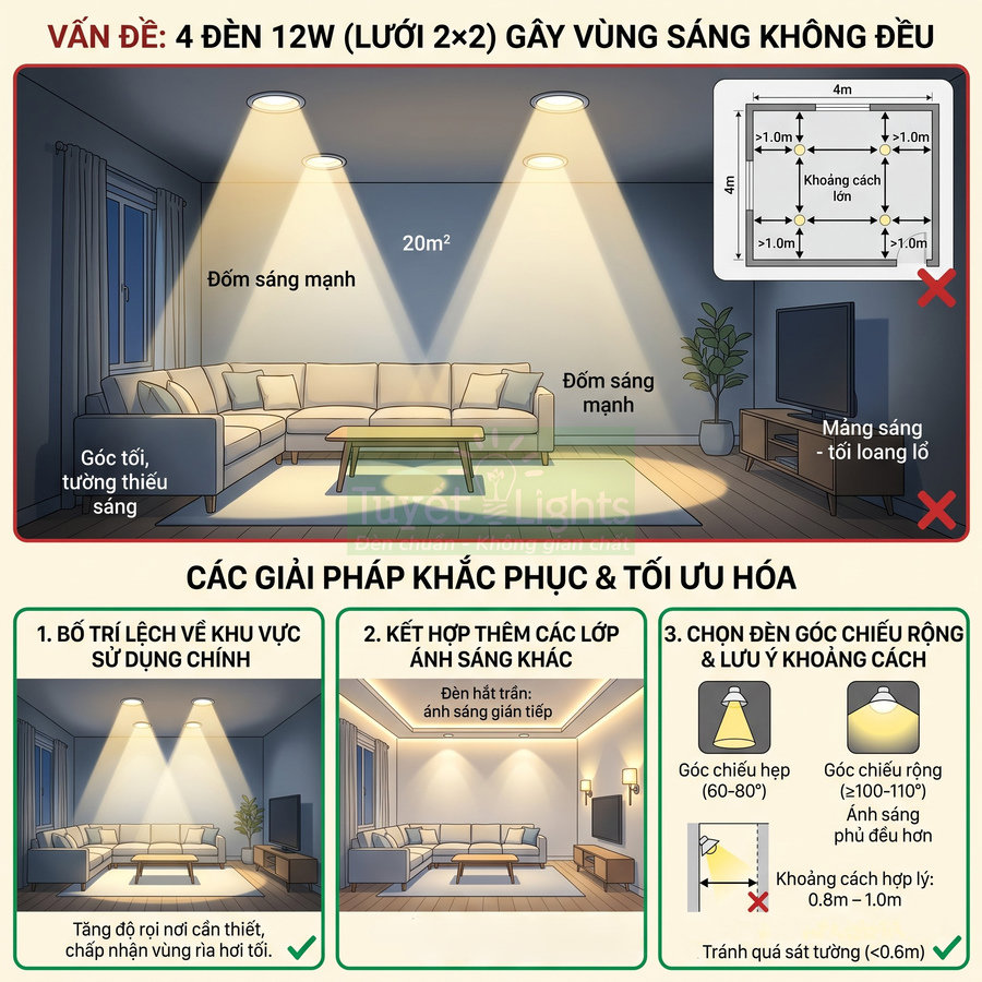 Minh họa bố trí đèn âm trần 12W cho phòng khách 20m2 và các giải pháp khắc phục vùng sáng không đều