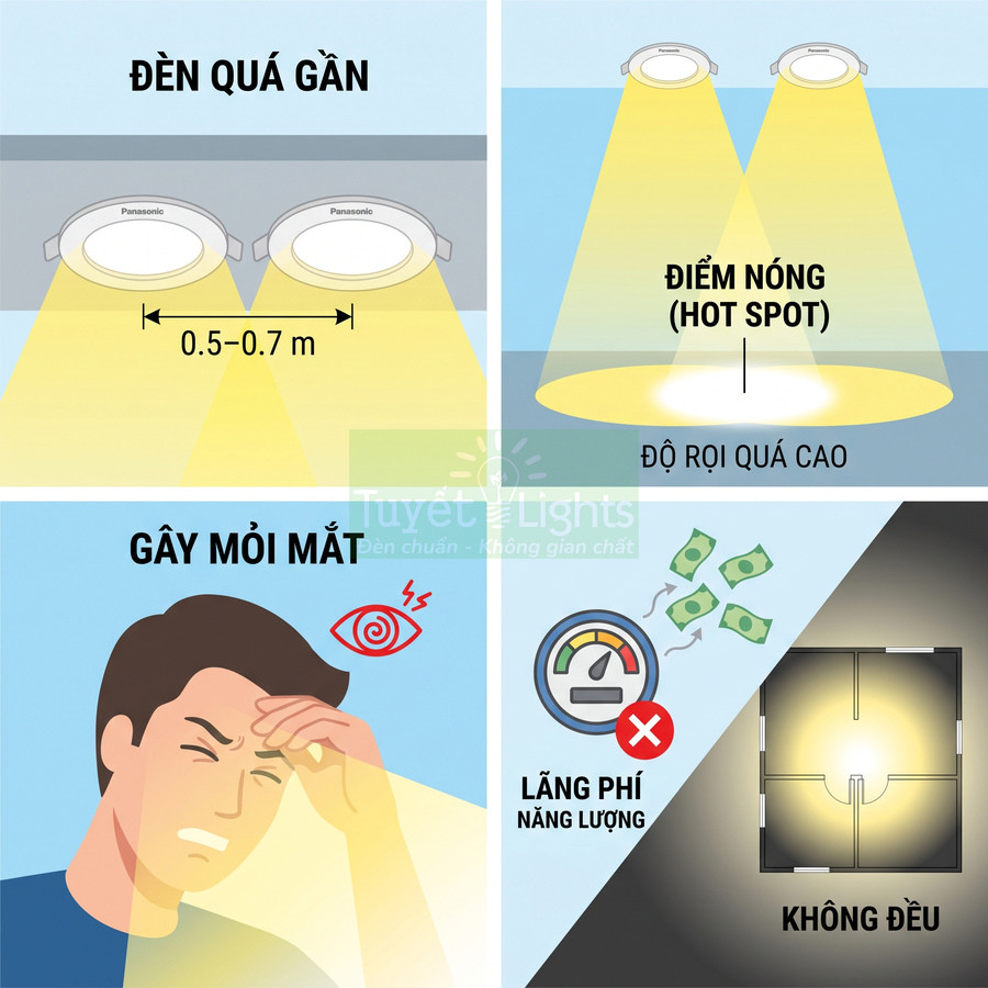 Đèn âm trần Panasonic lắp quá gần gây điểm nóng, chói mắt, lãng phí năng lượng và chiếu sáng không đều