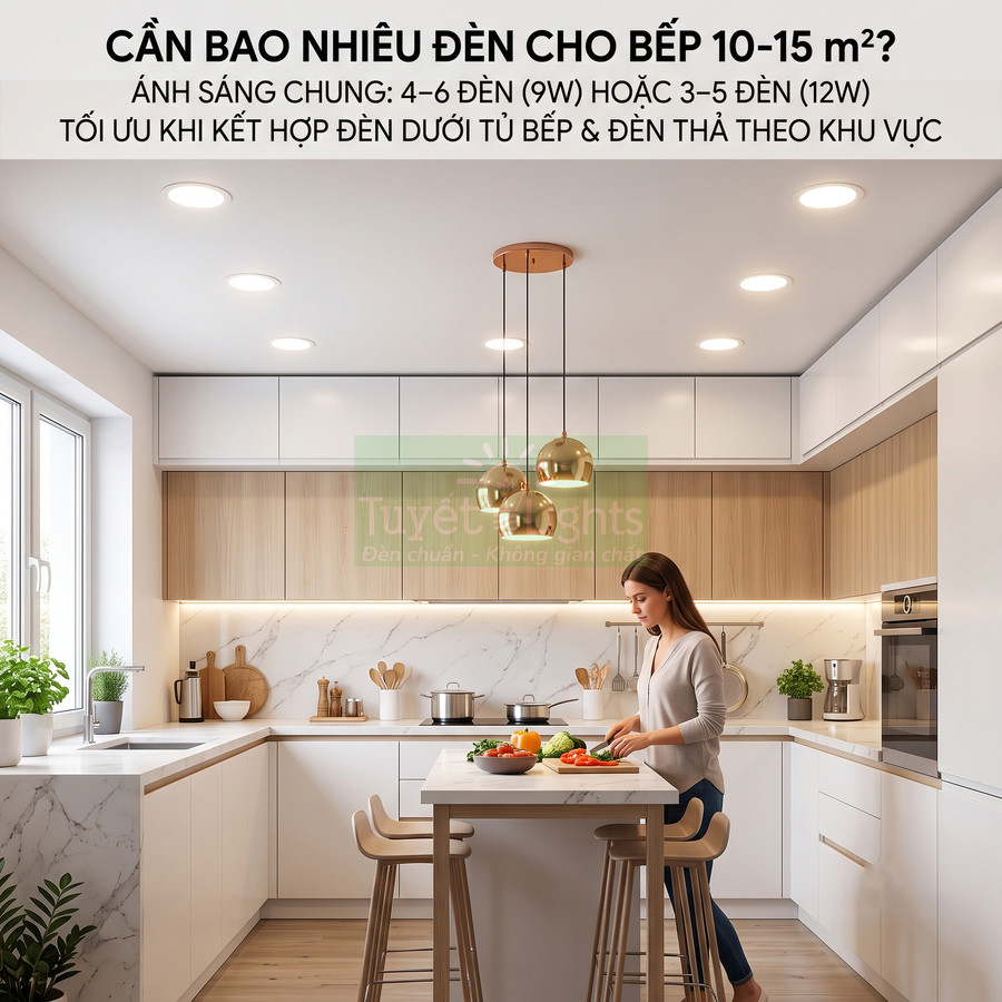 Đèn led âm trần và đèn thả trang trí chiếu sáng phòng bếp hiện đại 10 đến 15 mét vuông
