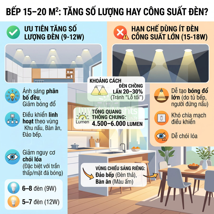 Minh họa bố trí nhiều đèn LED âm trần công suất nhỏ cho bếp 15–20m2 để ánh sáng đều và giảm chói