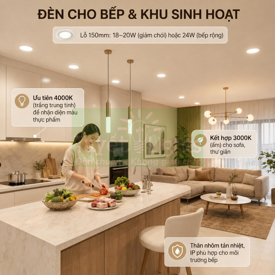 Đèn âm trần và đèn thả trần chiếu sáng khu bếp và phòng khách hiện đại, phù hợp nấu ăn và sinh hoạt