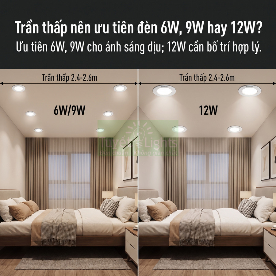 So sánh ánh sáng đèn âm trần 6W 9W và 12W cho phòng ngủ trần thấp 2.4 đến 2.6m