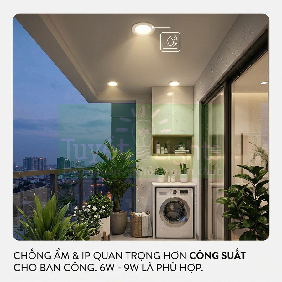 Đèn downlight âm trần chống ẩm lắp ban công chung cư, chiếu sáng khu vực máy giặt và cây xanh