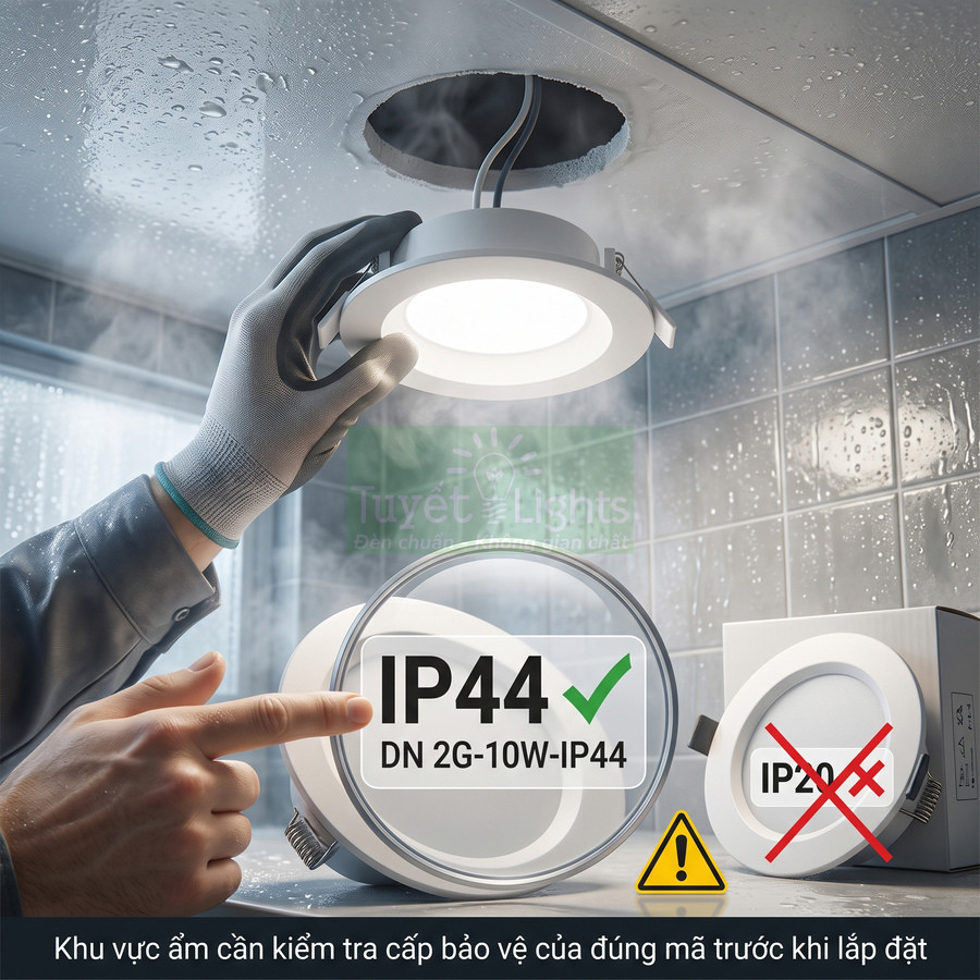 Lắp đặt đèn âm trần chống ẩm IP44 Tuyết Lights trong phòng tắm, so sánh với mẫu IP20 không phù hợp