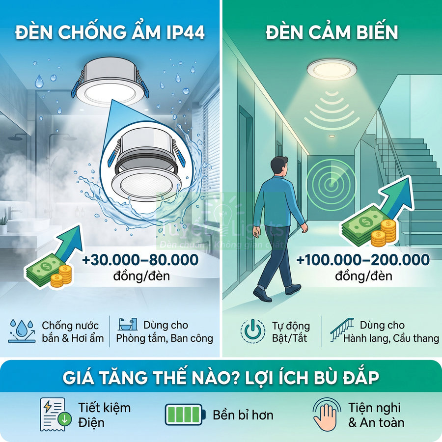 So sánh đèn LED chống ẩm IP44 và đèn cảm biến, nêu giá tăng thêm và lợi ích tiết kiệm điện, bền, tiện nghi an toàn