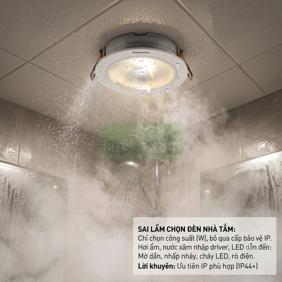 Đèn âm trần Panasonic trong phòng tắm bị nước và hơi ẩm bắn trực tiếp từ vòi sen