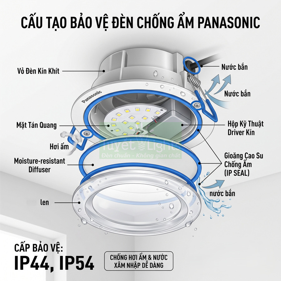 Cấu tạo đèn âm trần chống ẩm Panasonic IP44 IP54 với gioăng cao su kín và mặt tán quang chống nước
