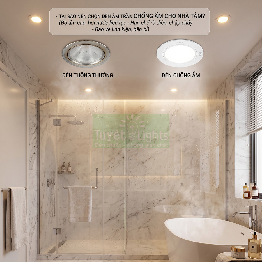 Đèn âm trần chống ẩm IP65 Tuyết Lights lắp trong phòng tắm đá cẩm thạch sang trọng