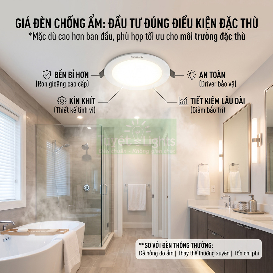 Đèn ốp trần chống ẩm Panasonic lắp trong phòng tắm nhiều hơi nước, thiết kế kín khít bền bỉ an toàn