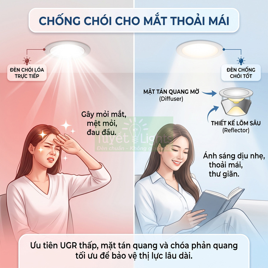 Đèn âm trần chống chói Tuyết Lights ánh sáng dịu bảo vệ mắt so với đèn trần chói gây mỏi mắt