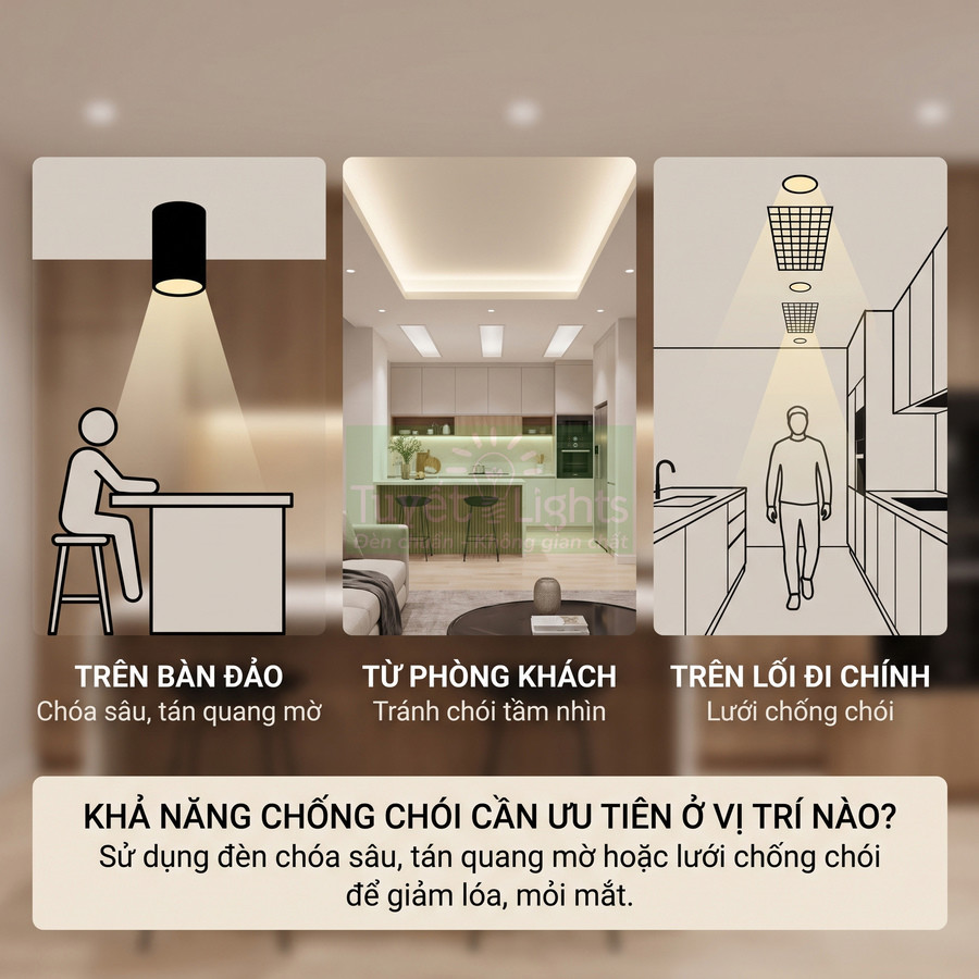 Minh họa các vị trí lắp đèn chống chói trên bàn đảo, phòng khách và lối đi chính trong căn hộ hiện đại
