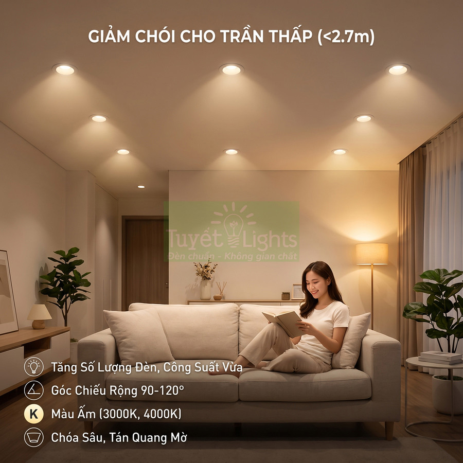 Đèn âm trần Tuyết Lights ánh sáng vàng ấm cho trần thấp trong phòng khách hiện đại