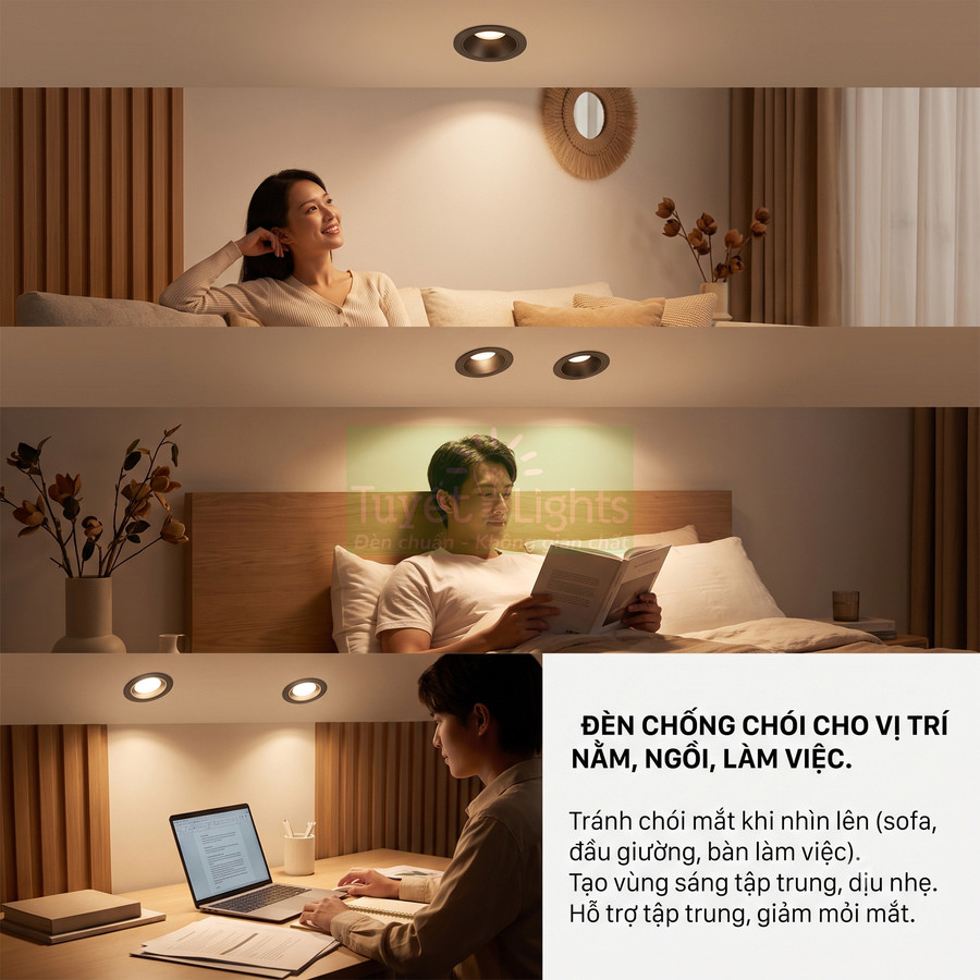 Đèn downlight âm trần chống chói chiếu sáng khu vực sofa, đầu giường và bàn làm việc trong phòng ngủ hiện đại